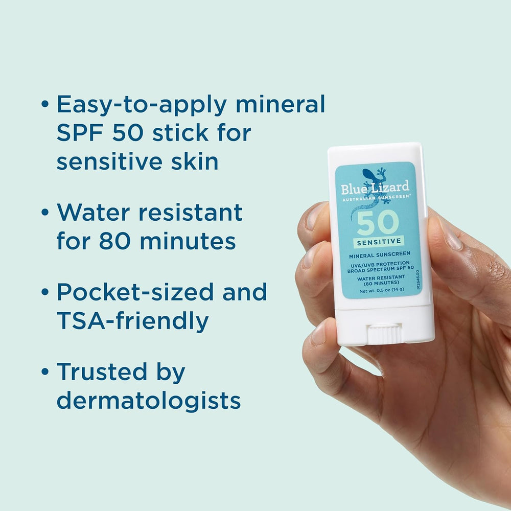 Blue Lizard SPF50+ Sensitive Stick close-up shows compact, zinc-based protection.