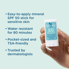 Blue Lizard SPF50+ Sensitive Stick close-up shows compact, zinc-based protection.