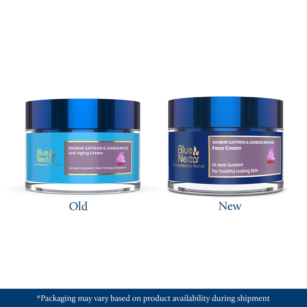Blue Nectar 14 herbs ingredients panel underscores holistic Ayurvedic care.
