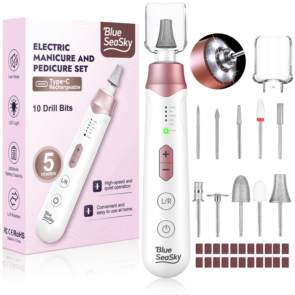 Blue Sea Sky cordless nail drill with LED light for precise DIY manicures.