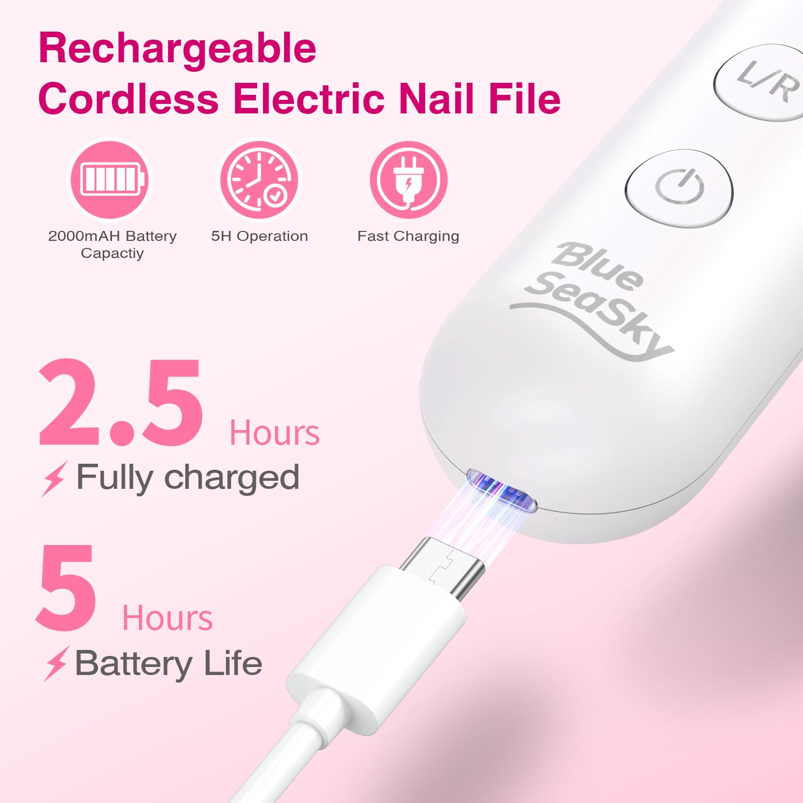 Blue Sea Sky rechargeable nail file with LED display for portable salon-grade sessions.