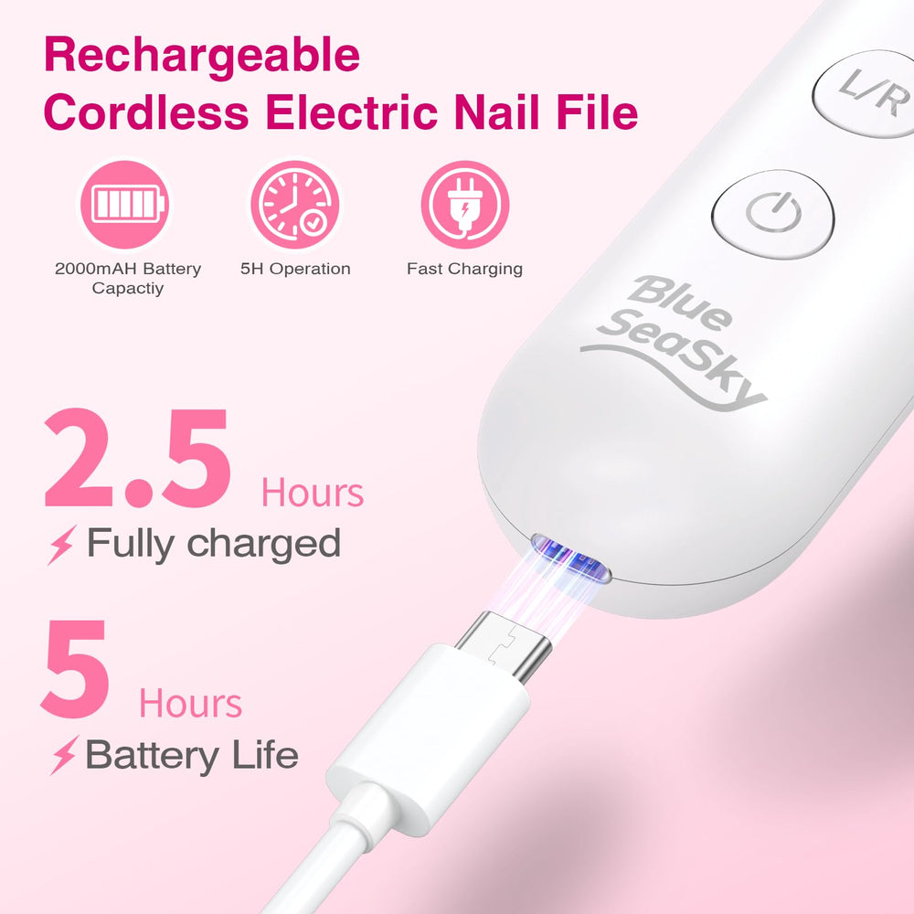 Blue Sea Sky rechargeable nail file with LED display for portable salon-grade sessions.
