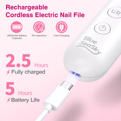 Blue Sea Sky rechargeable nail file with LED display for portable salon-grade sessions.