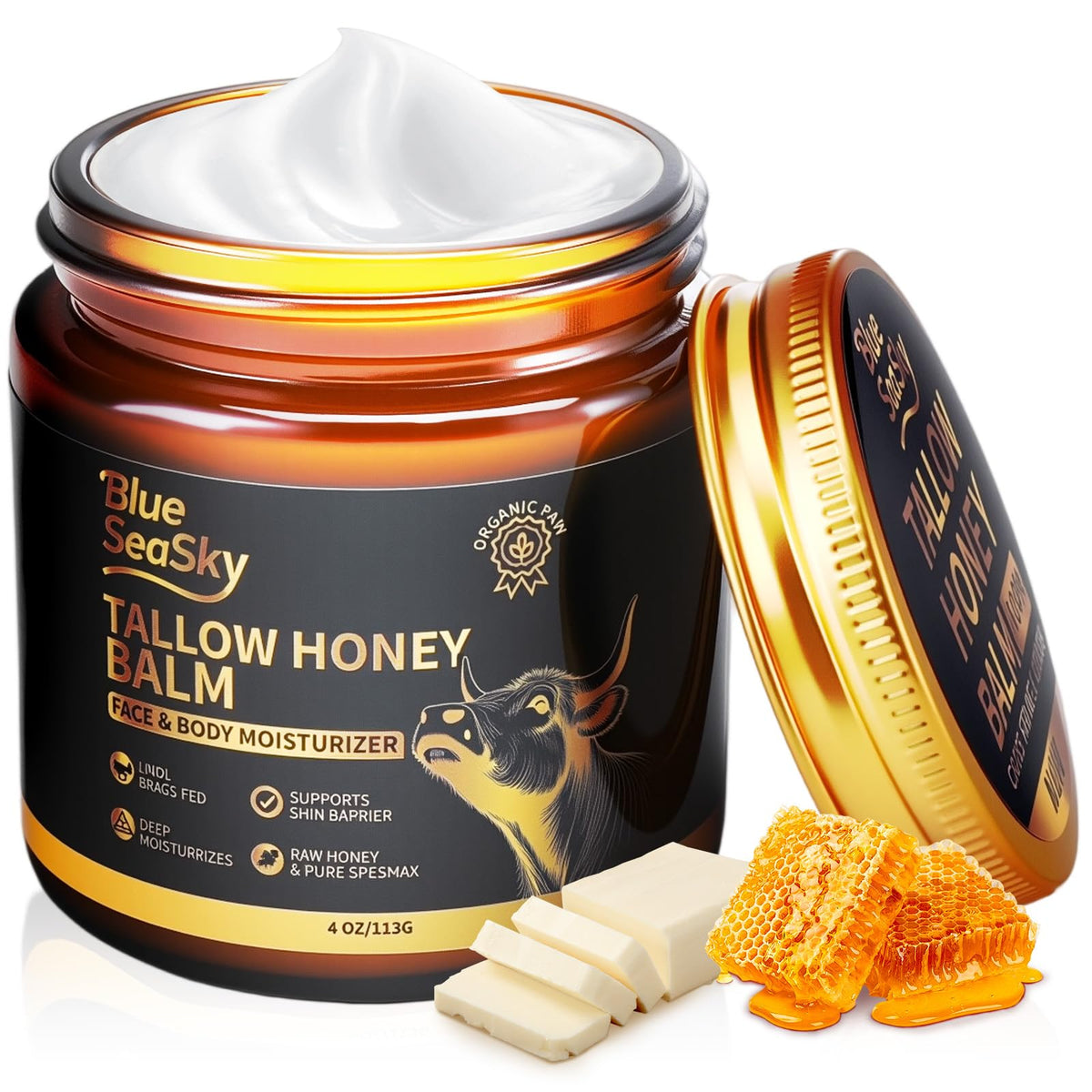Blue Sea Sky upgraded beef tallow jar with whipped texture offering fast hydration for dry skin