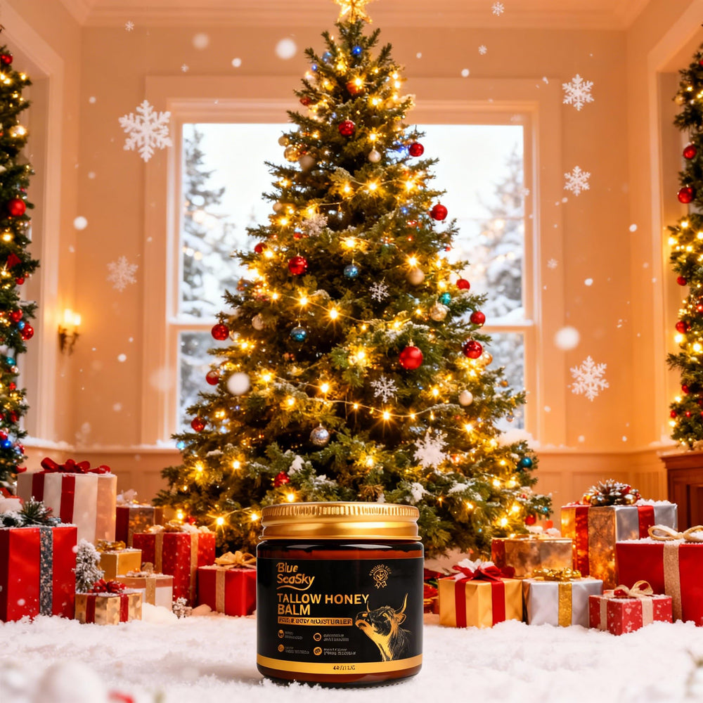 Blue Sea Sky whipped tallow balm honey shows raw honey sheen for nourishing skin