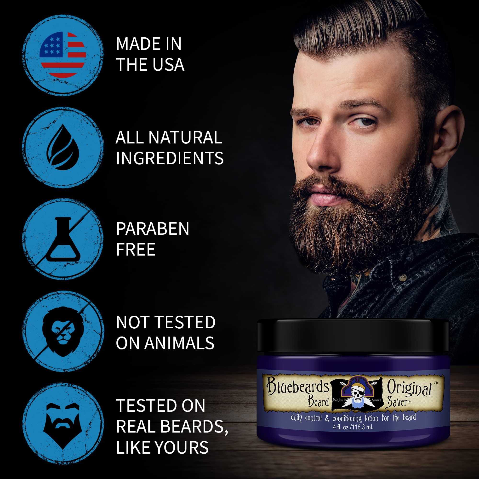 Bluebeards Original paraben-free badge communicates a clean formula.