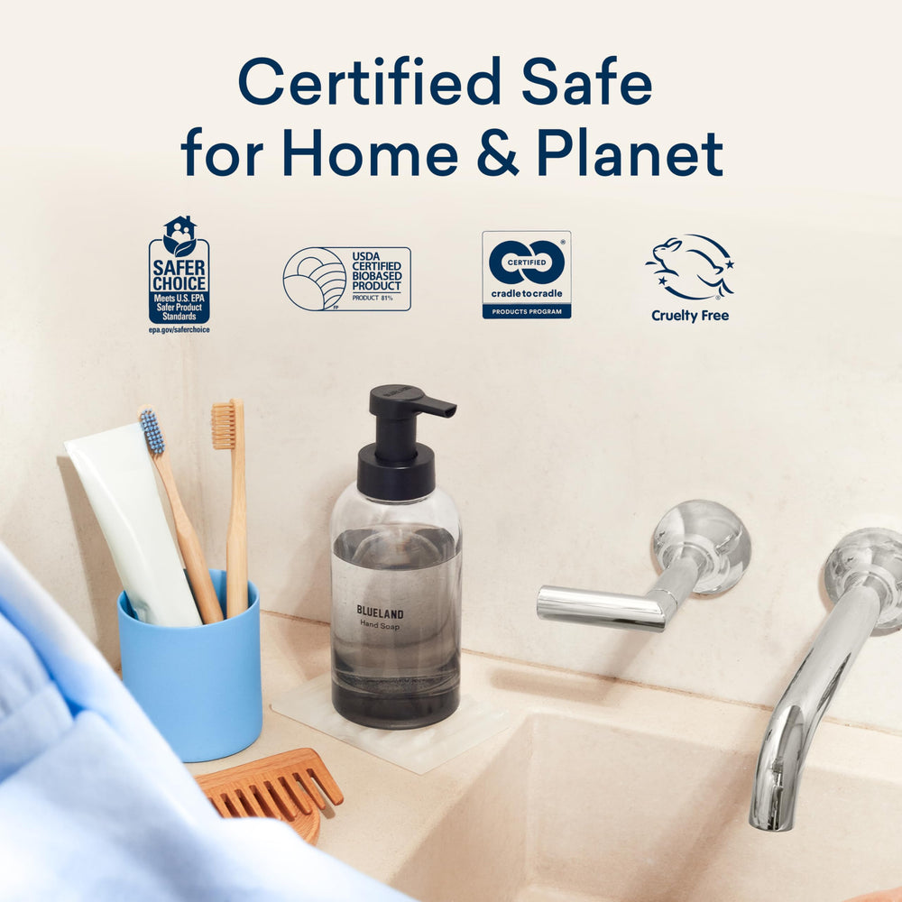 Blueland cruelty-free vegan certifications and safety logos visible.