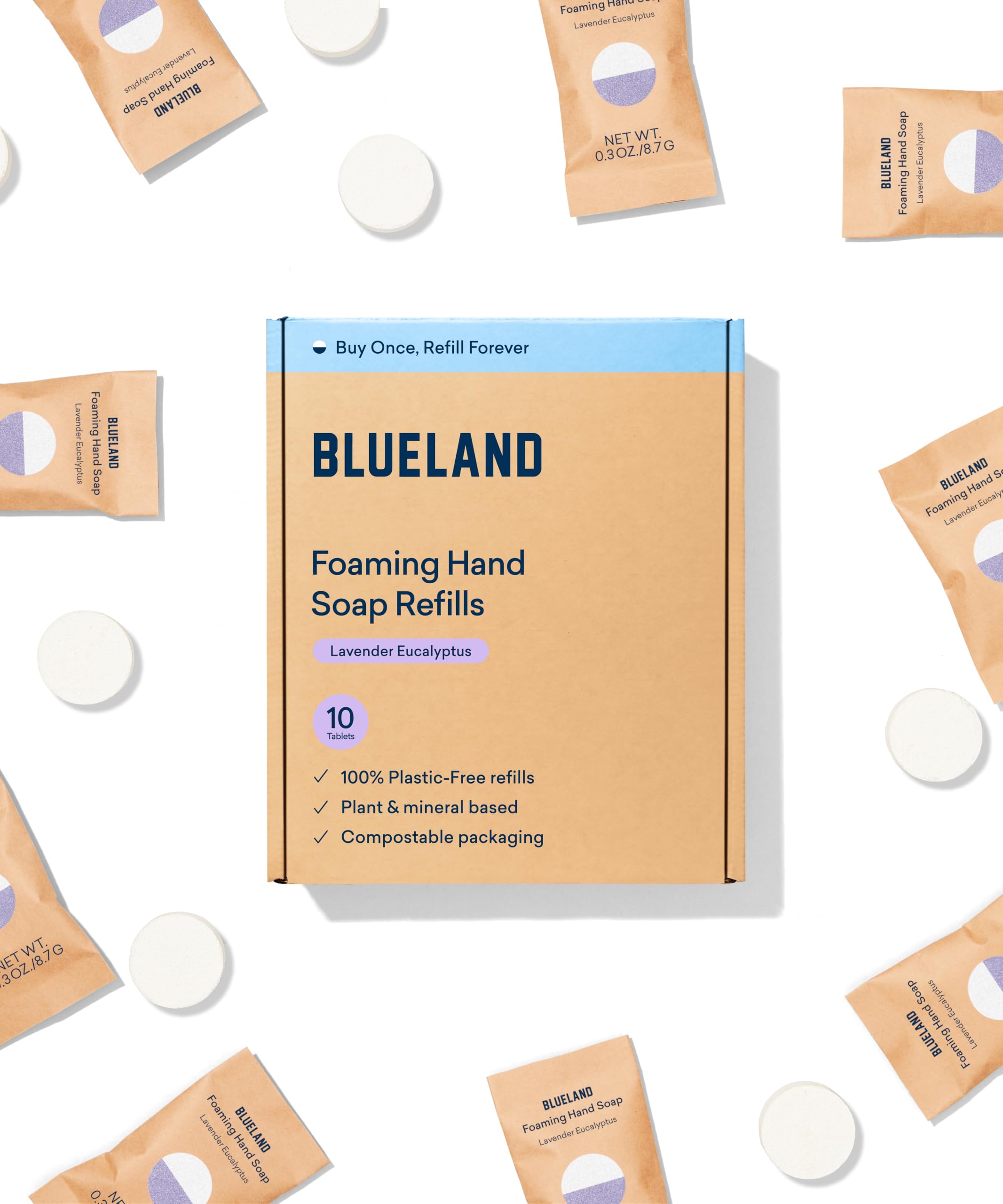 Blueland foaming hand soap refill tablet dissolving to reduce plastic waste.