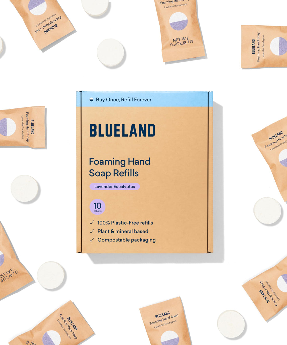Blueland foaming hand soap refill tablet dissolving to reduce plastic waste.