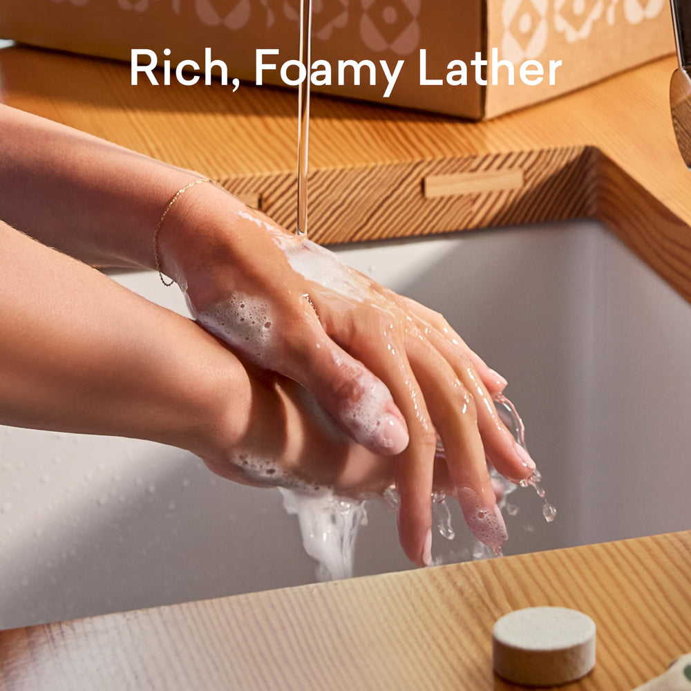 Blueland hand washing with reusable bottle and foaming soap.