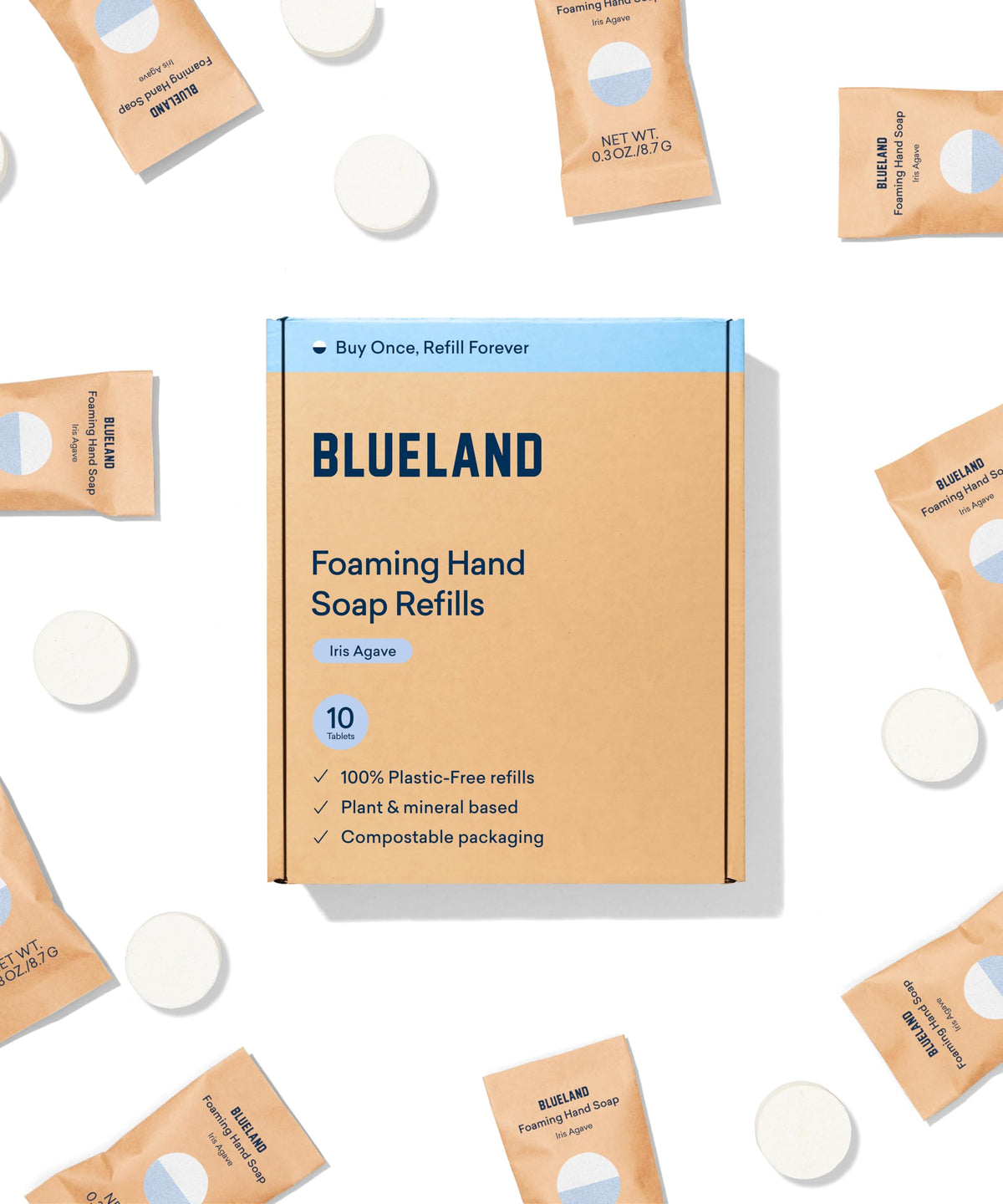 BLUELAND iris agave tablet dissolving to form foaming hand soap for the sink.