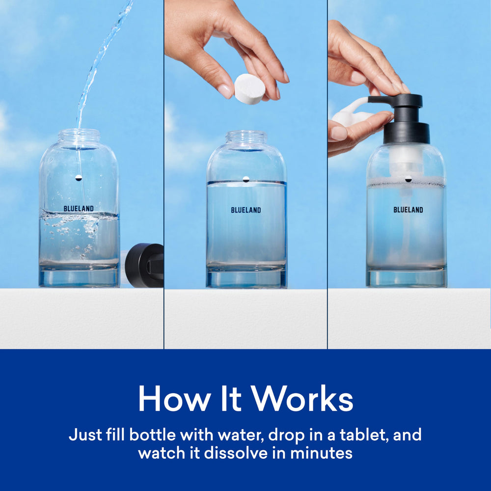 Blueland refill tablet dissolving in water creates 9 oz foaming soap.
