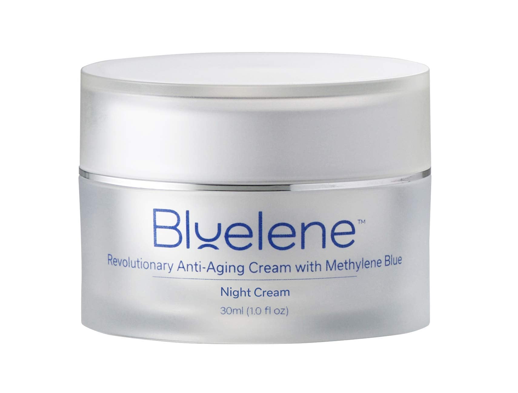 Bluelene Night Cream bottle close-up highlights premium packaging for nighttime hydration and gentle anti-wrinkle care.