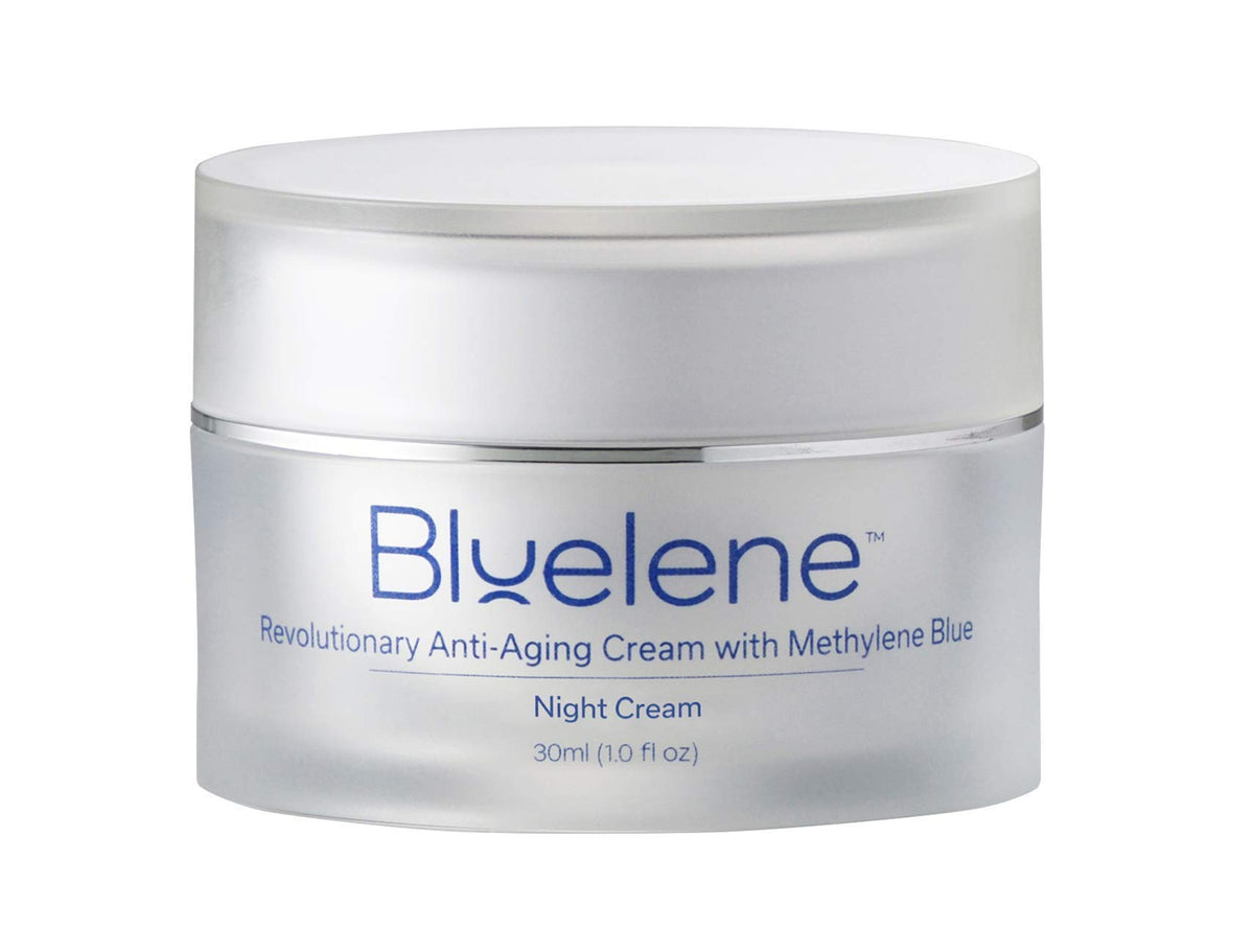 Bluelene Night Cream bottle close-up highlights premium packaging for nighttime hydration and gentle anti-wrinkle care.