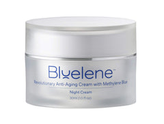 Bluelene Night Cream bottle close-up highlights premium packaging for nighttime hydration and gentle anti-wrinkle care.