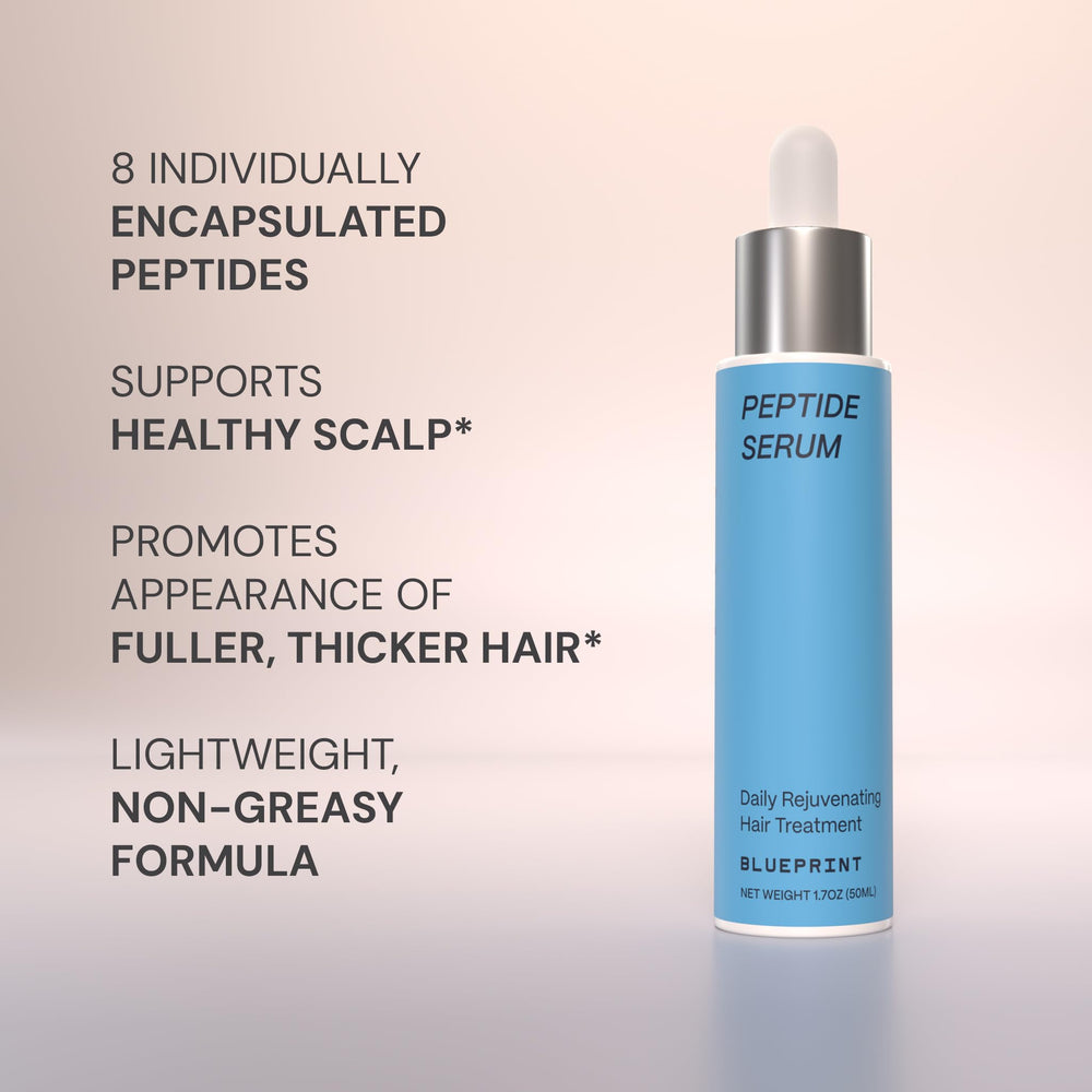 Blueprint Bryan Johnson Hair Peptide Serum featuring caffeine-curcumin blend promotes scalp vitality.