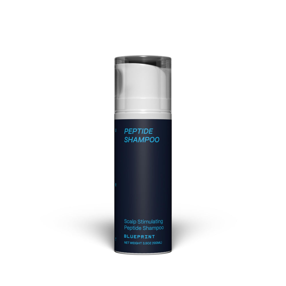 Blueprint Bryan Johnson peptide shampoo bottle with fragrance-free formula for sensitive scalps and daily cleansing.