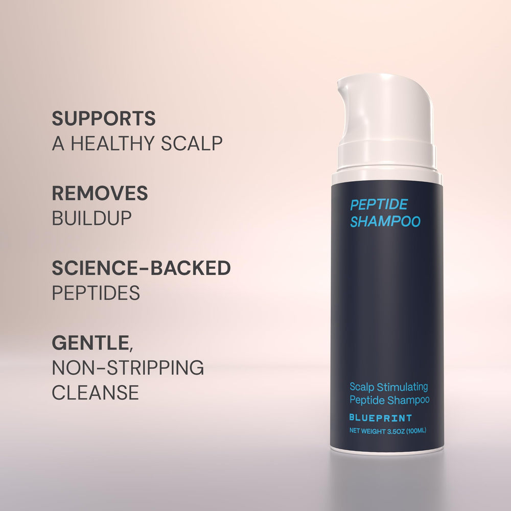 Blueprint Bryan Johnson peptide shampoo-science brief image shows data-backed actives promoting scalp vitality.