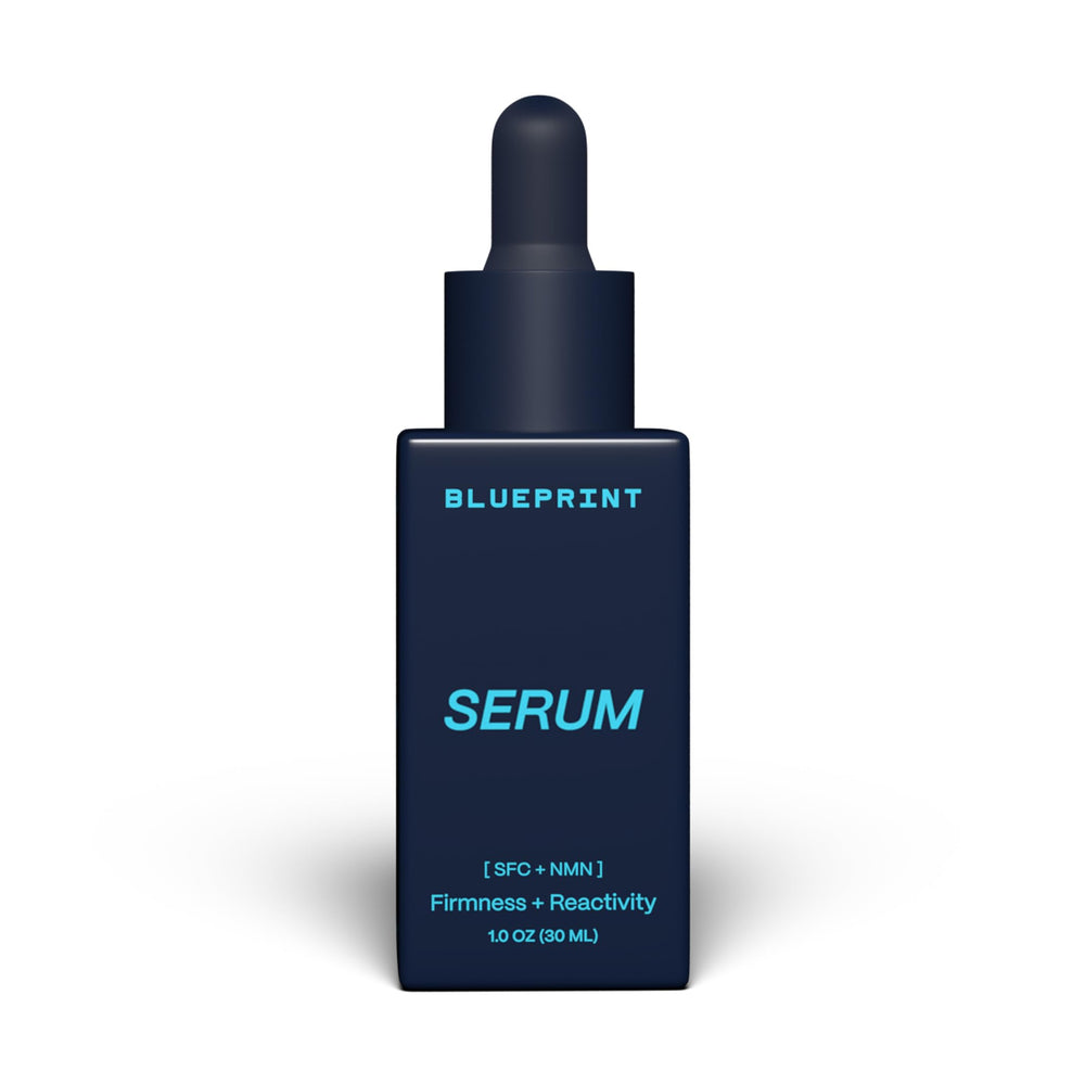 Blueprint Bryan Johnson serum bottle front view, fragrance-free vegan hydration.