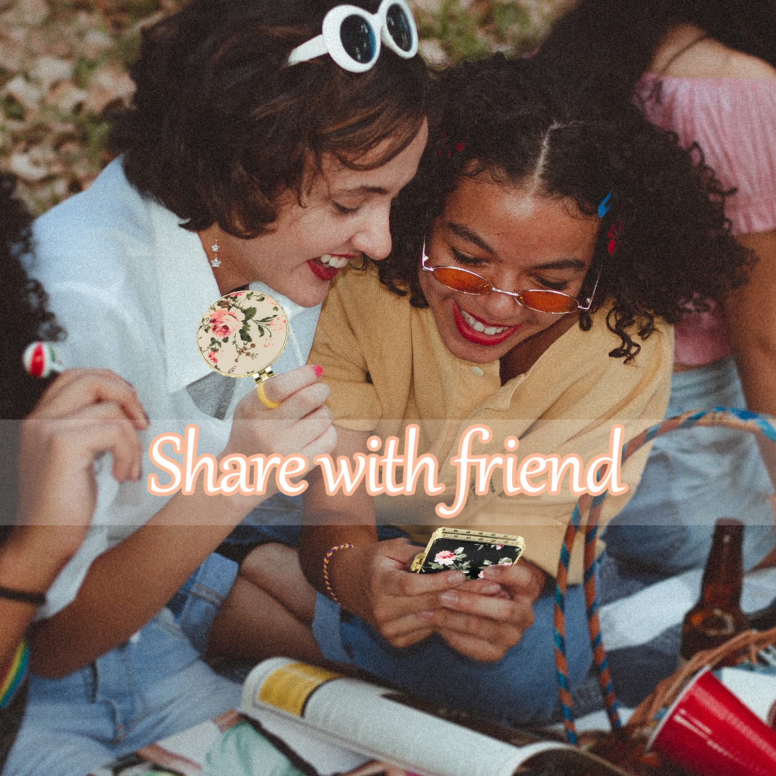 Blulu compact mirror round with floral design, perfect for purse touch-ups during the day