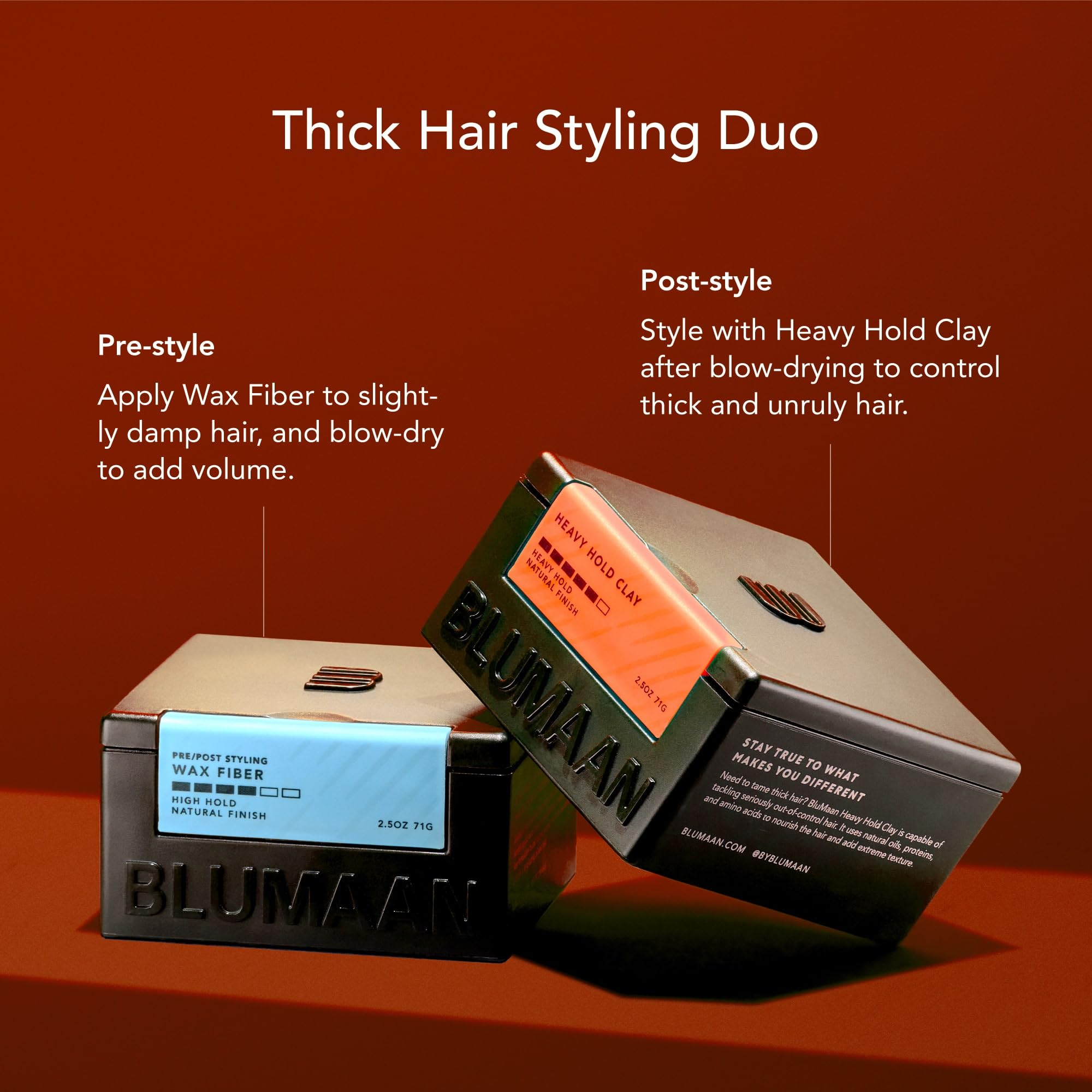 BluMaan Heavy Hold Clay daily-styling scene captures effortless, repeatable grooming routine.