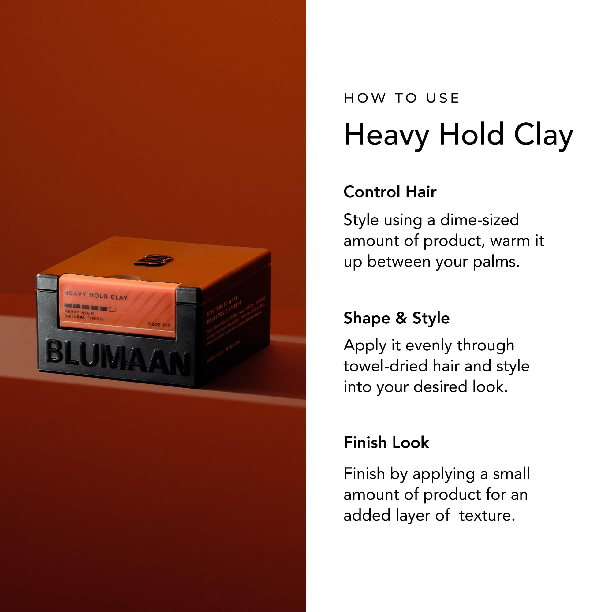 BluMaan Heavy Hold Clay long-lasting-hold enables all-day control and easy restyling.