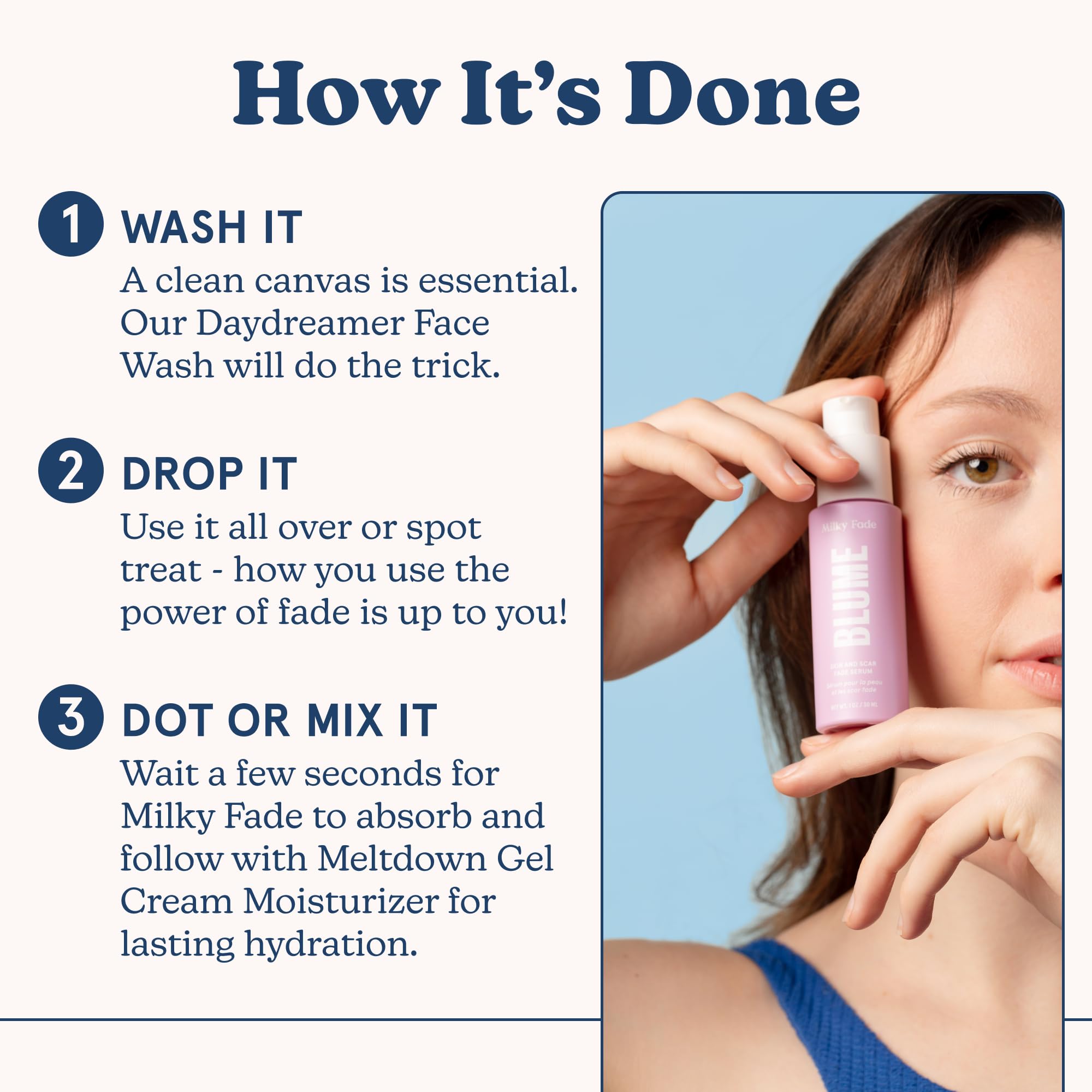Blume Milky Fade serum swatches reveal creamy texture and radiant complexion
