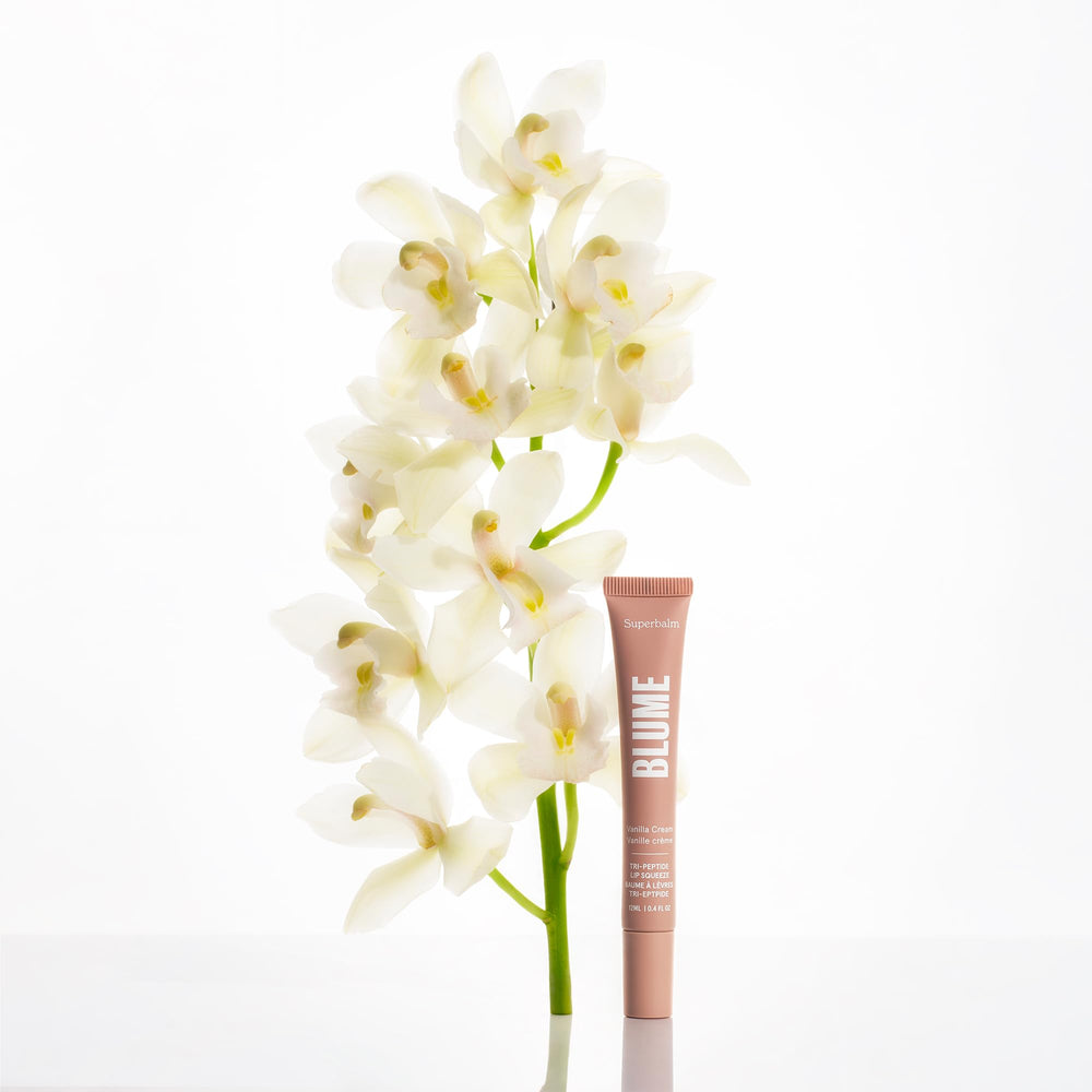 Blume Tri-Peptide Vanilla Lip Balm with shea butter delivers velvety softness