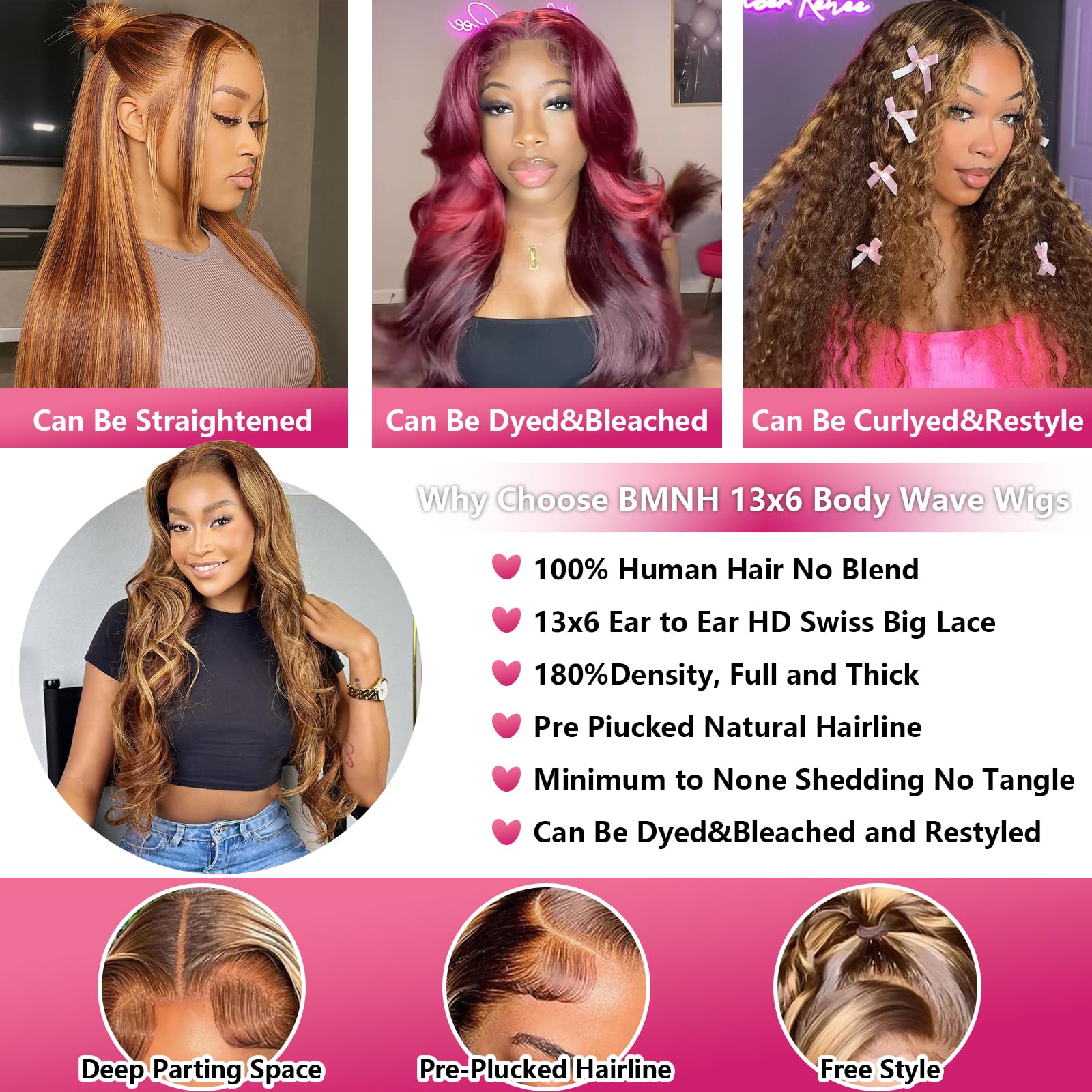 BMNH 13x6 lace-front large-cap offers versatile parting options.