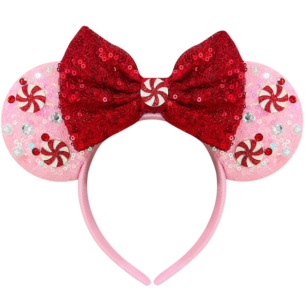 Bmobuo Christmas mouse ears headband with red bows and pink beads for festive cosplay or partywear.