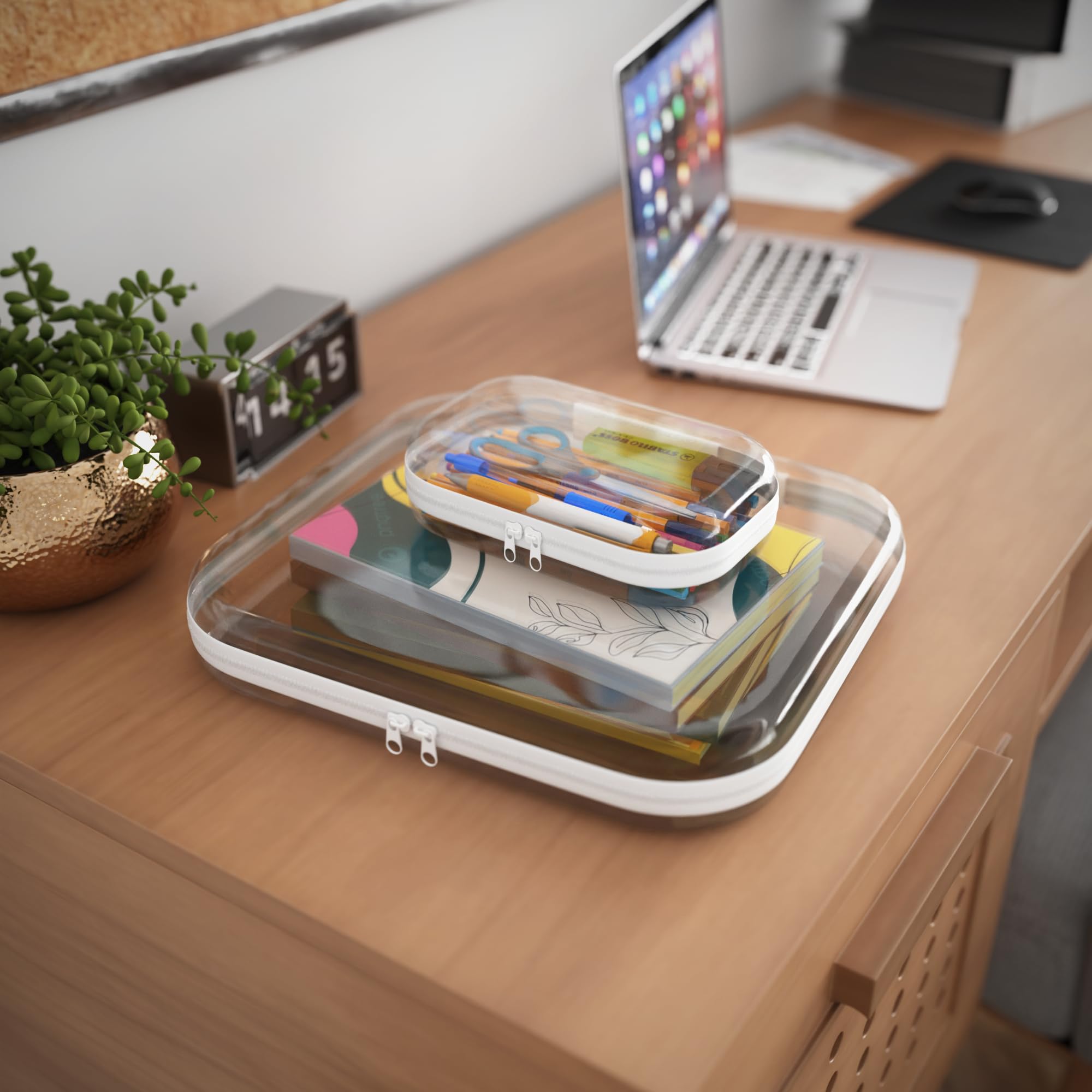 B'More Brands clear travel makeup case closed for secure, spill-free cosmetics transport