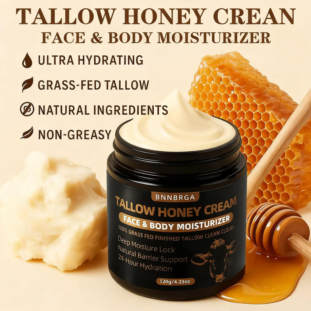 BNNBRGA Tallow Honey Cream jar closeup highlights whipped texture