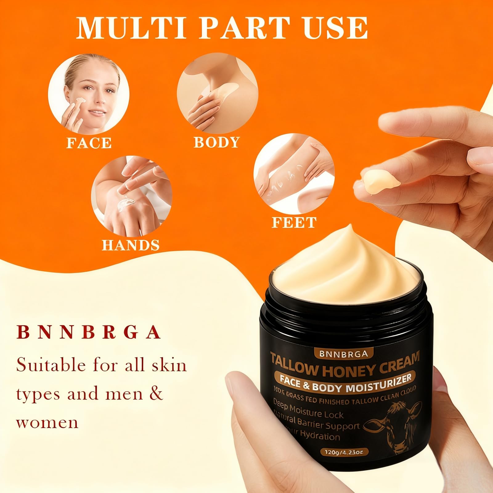 BNNBRGA Tallow Honey Cream on natural backdrop conveys clean formula