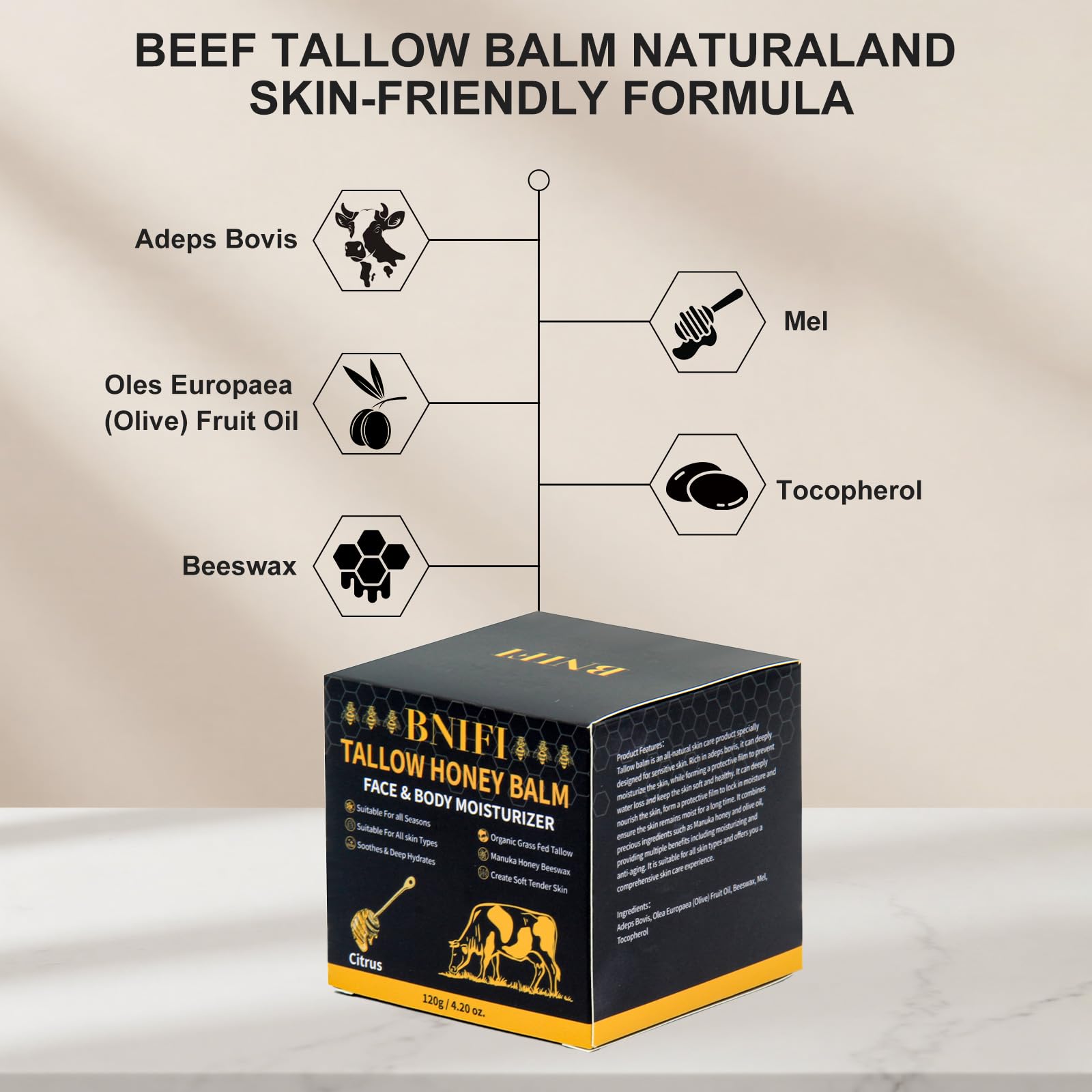 BNIFI Tallow Honey Balm citrus-scented formula evokes refreshing aromatherapy during routine.