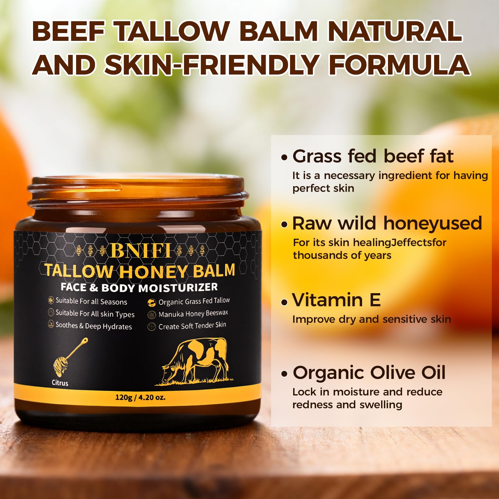 BNIFI Tallow Honey Balm closeup highlights creamy texture for sensitive skin nourishment.