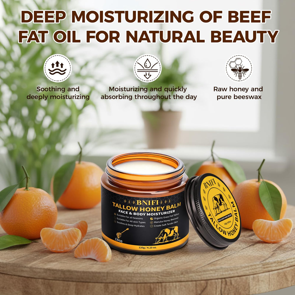 BNIFI Tallow Honey Balm ingredients shot emphasizes honey, olive oil and beeswax.