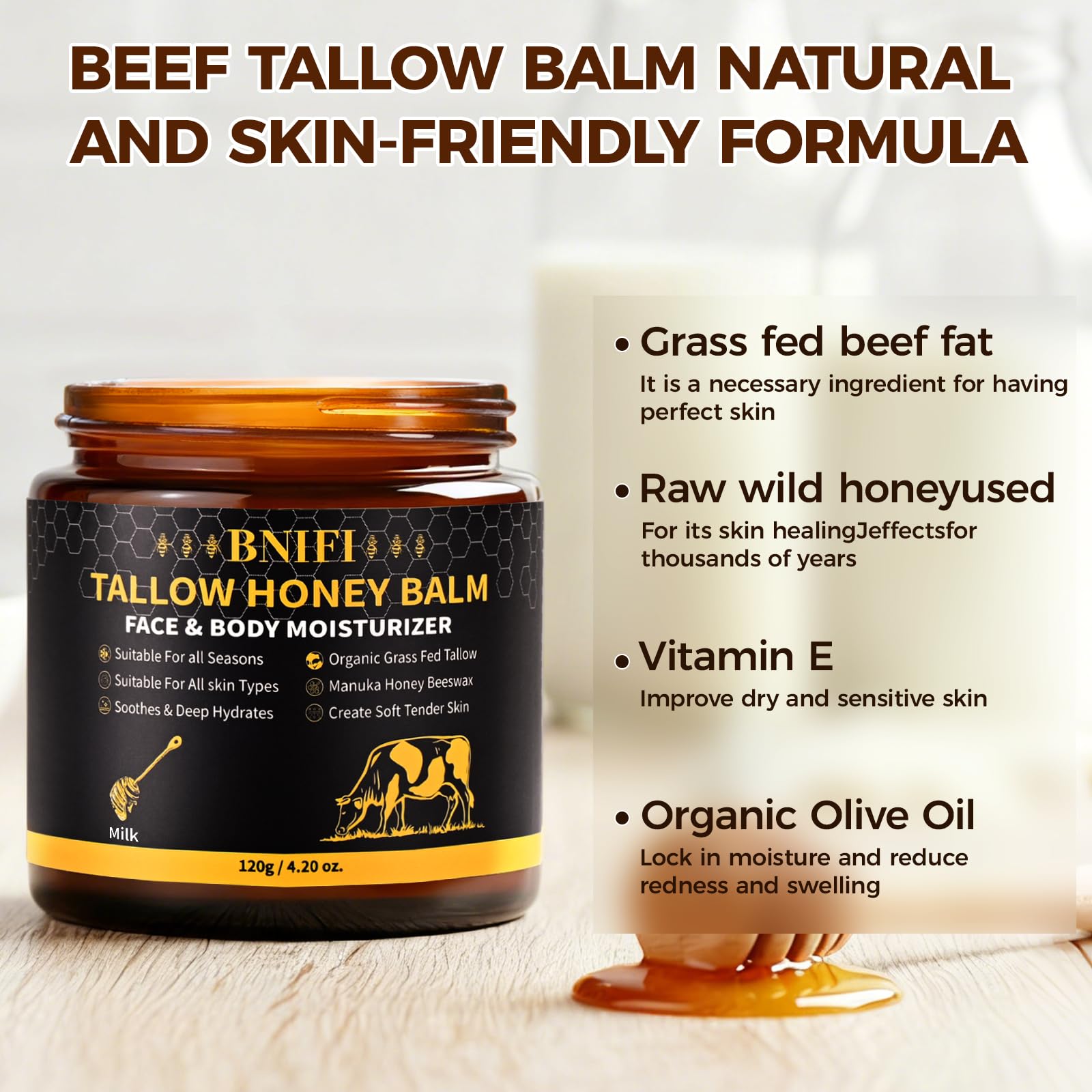 BNIFI tallow honey balm jar closeup reveals creamy, nourishing texture
