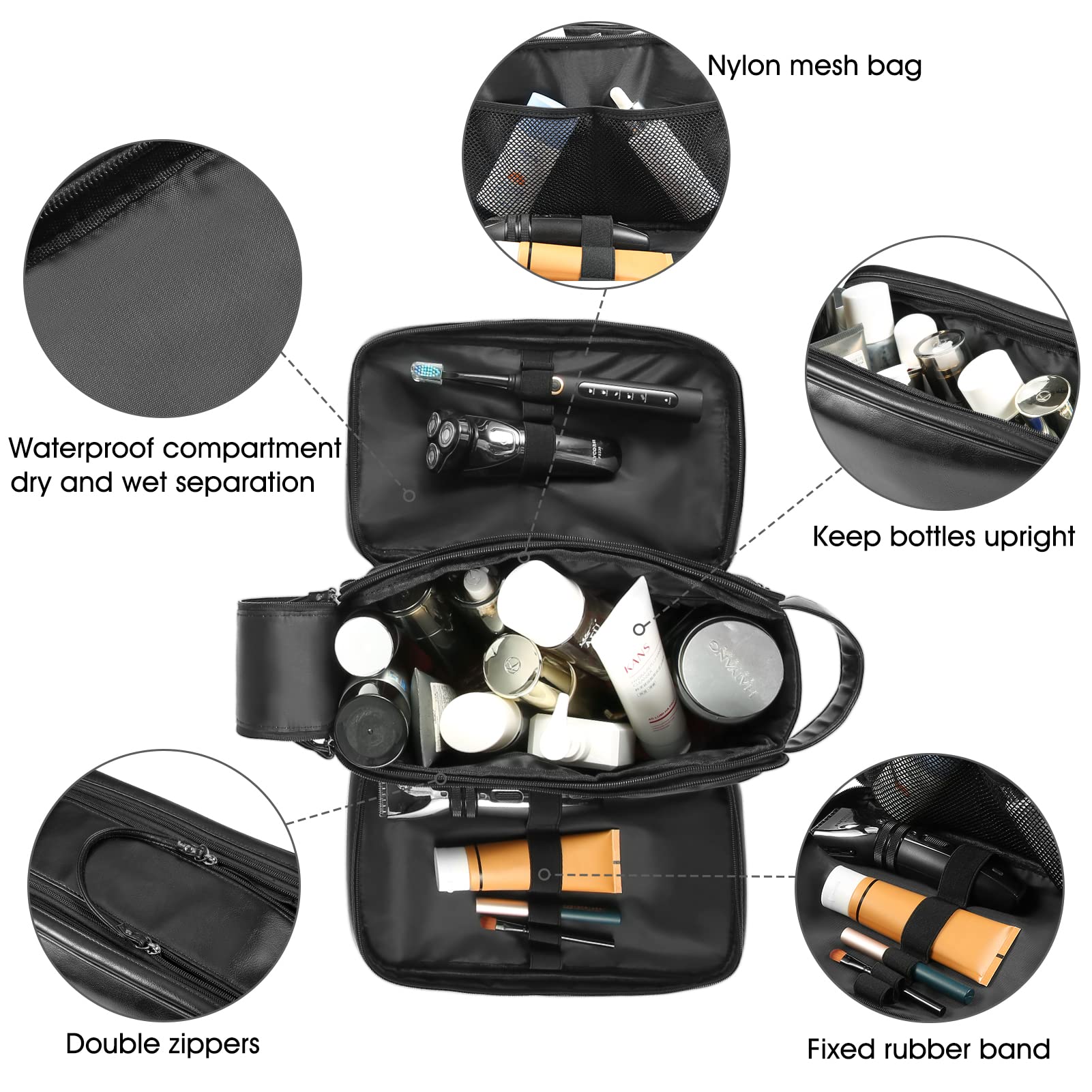 BNSPOCKET toiletry bag reversible-opening design for quick access to items.