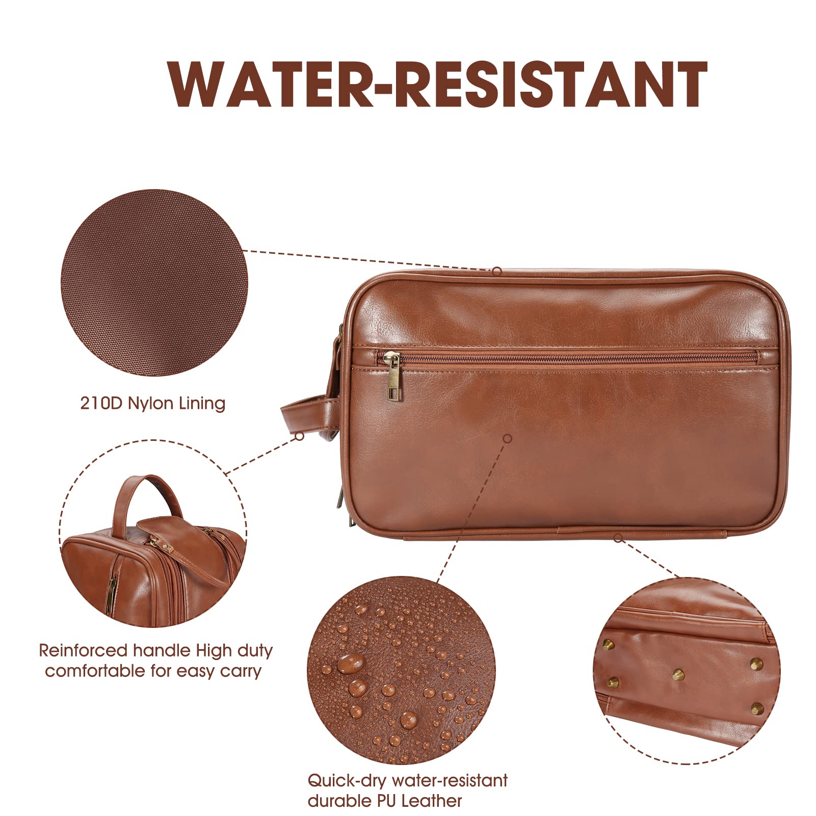 BNSPOCKET leather Dopp kit with sturdy handle for easy carry.