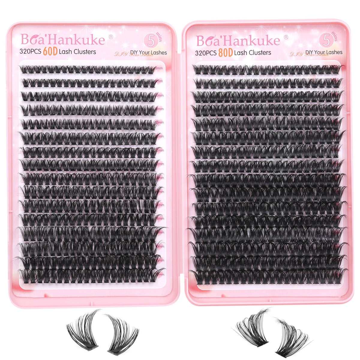 Boahankuke lash clusters 640pcs packaging closeup for at-home lashes.