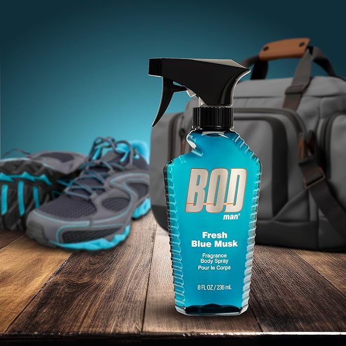Bod Man Fresh Blue Musk spray in action offers quick daytime refresh.