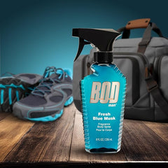 Bod Man Fresh Blue Musk spray in action offers quick daytime refresh.