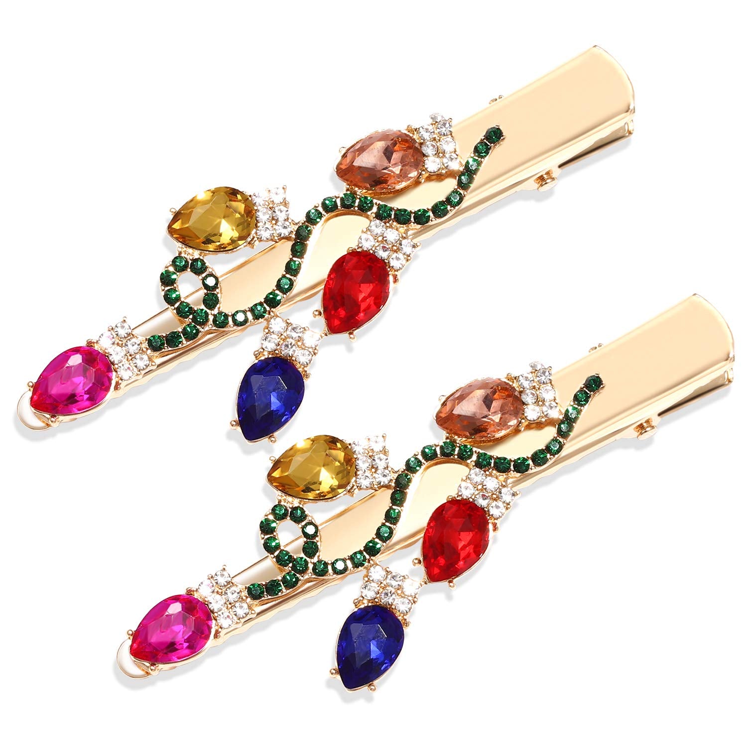 Boderier Christmas lightbulb clip shines with multicolor crystals for festive hair accents.