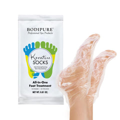 Bodipure foot mask socks in use delivering hydration to dry heels