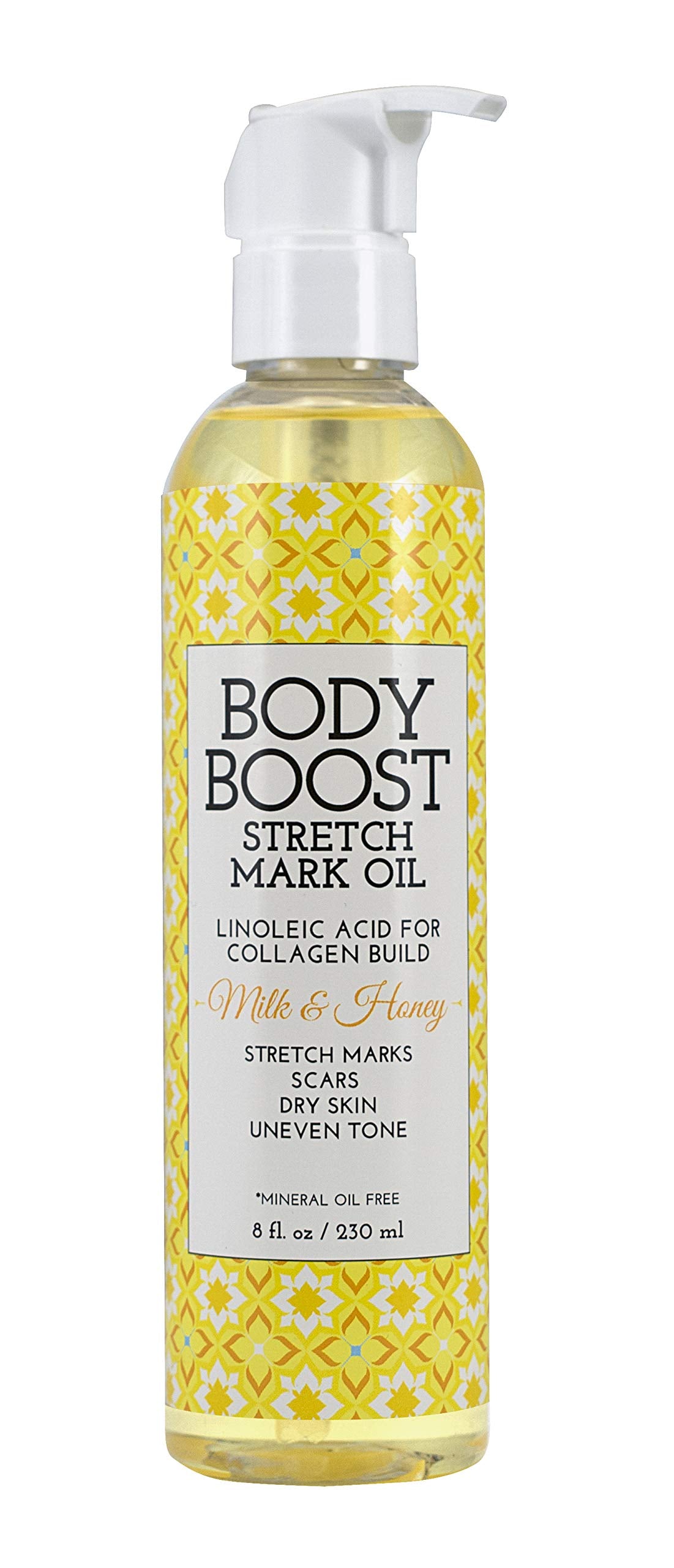Body Boost Milk & Honey Stretch Mark Oil bottle with pump for easy use