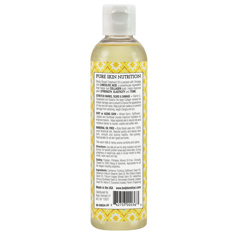 Body Boost Milk & Honey Stretch Mark Oil packaging showing leak-guard clip