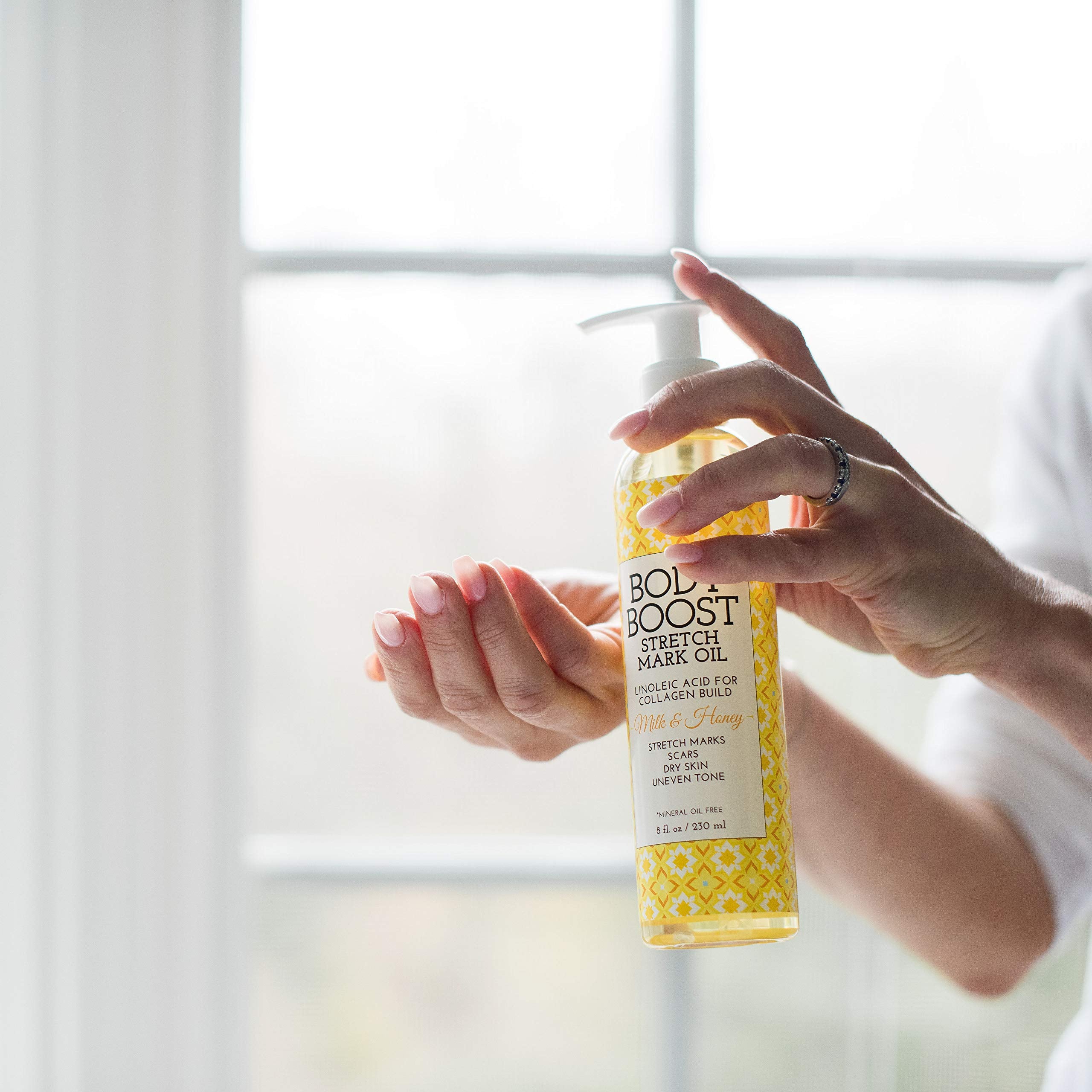 Body Boost Milk & Honey Stretch Mark Oil packaging and design highlight