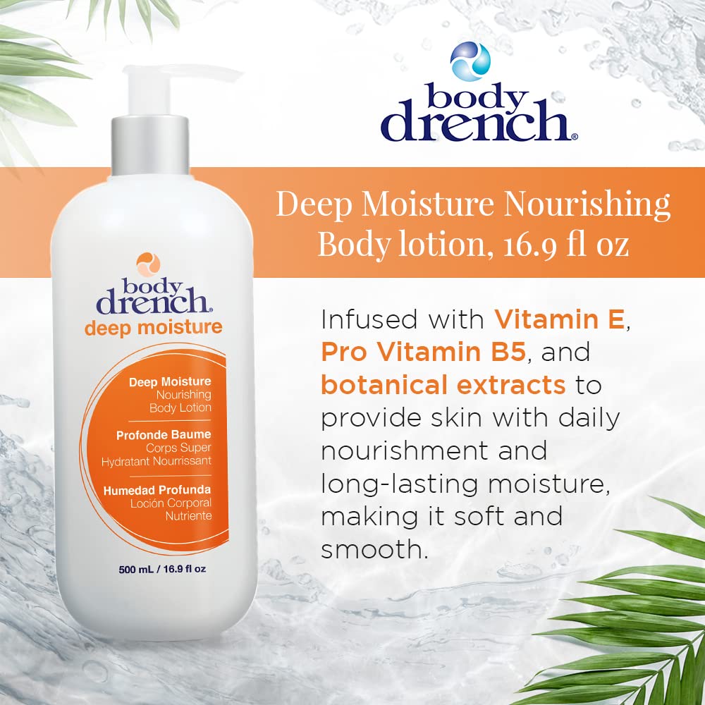 Body Drench lotion texture swatch illustrates smooth absorption for daily use.