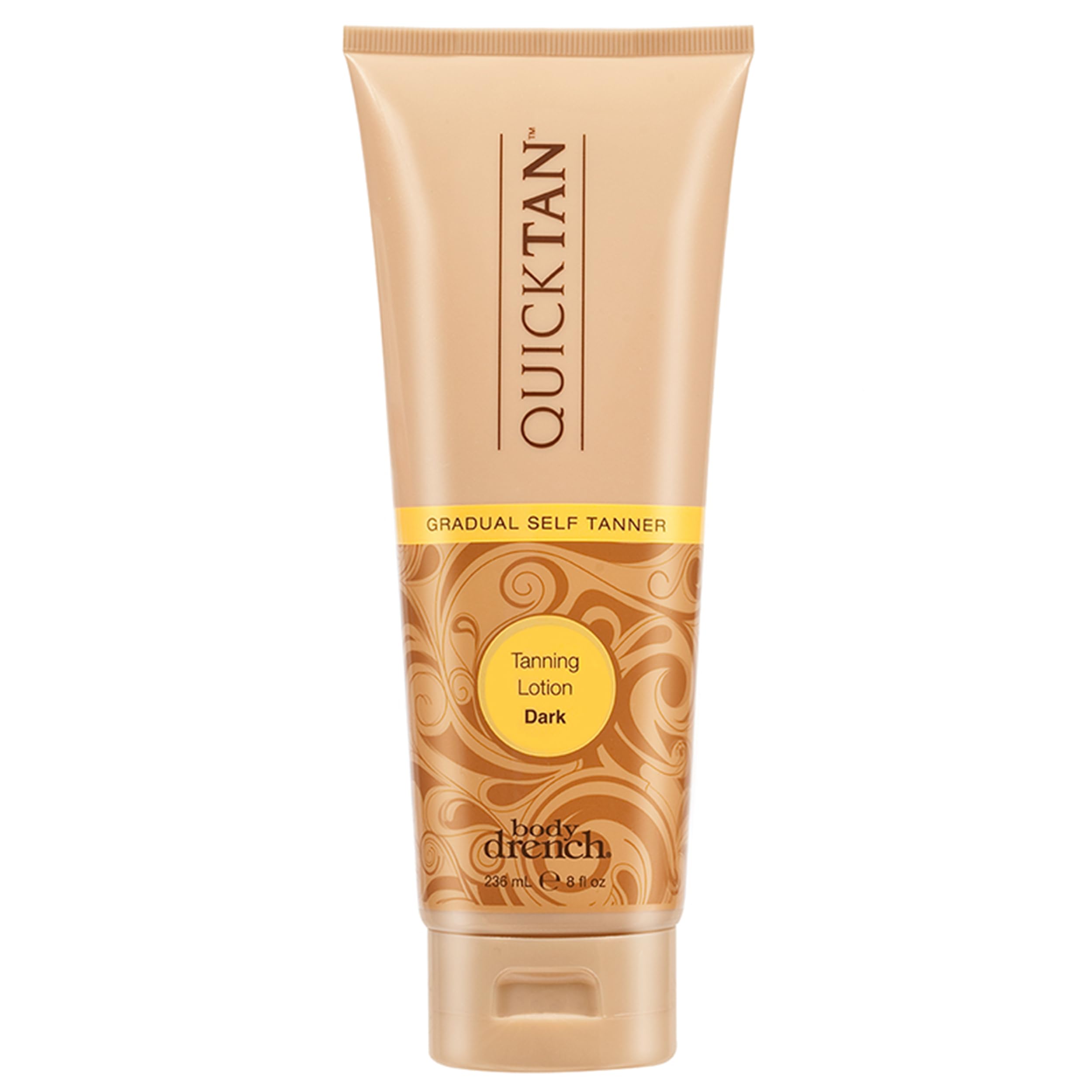 Body Drench Quick Tan bottle closeup shows premium self-tanner packaging for easy self-application.