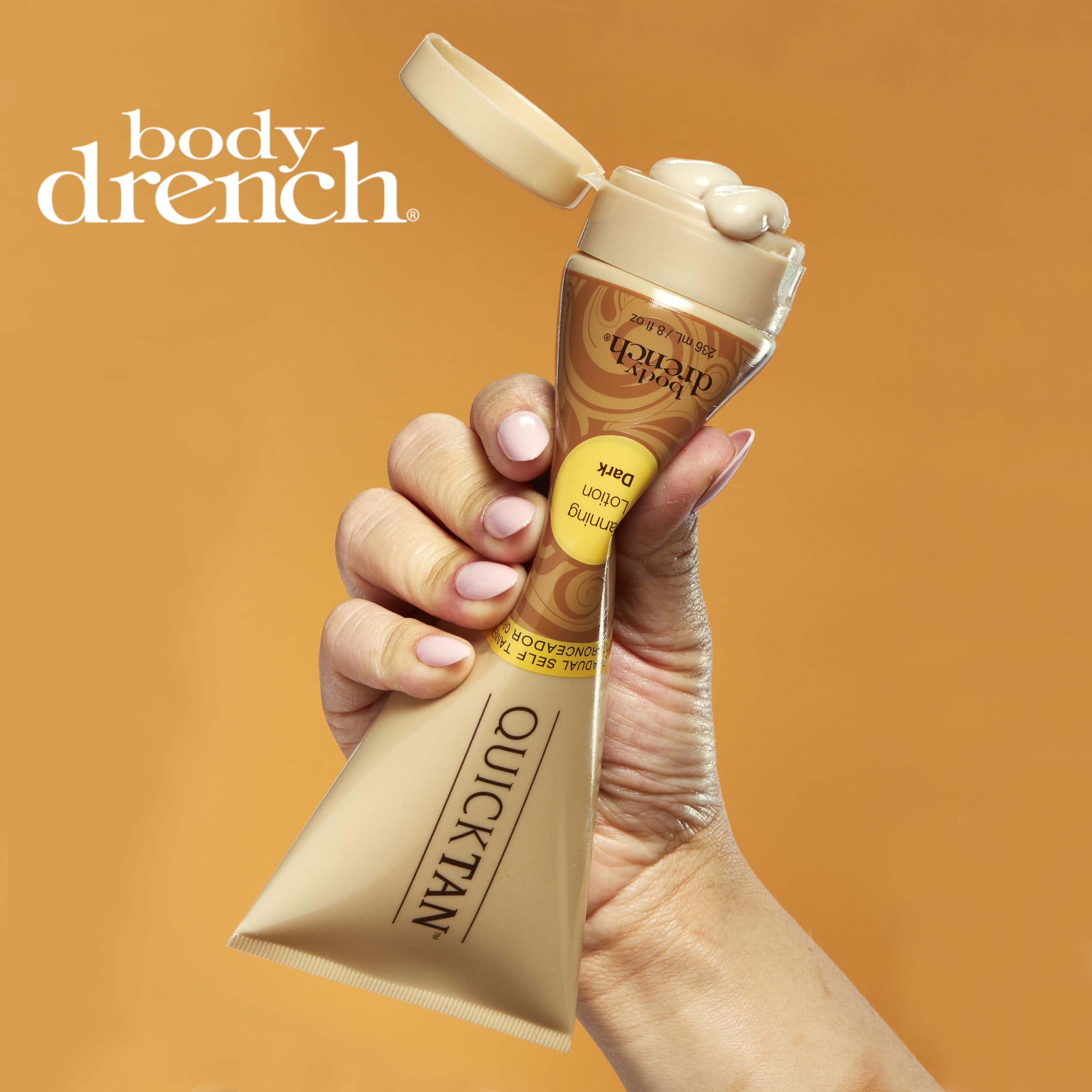 Body Drench Quick Tan cream-texture on skin suggests smooth, streak-free glow potential.